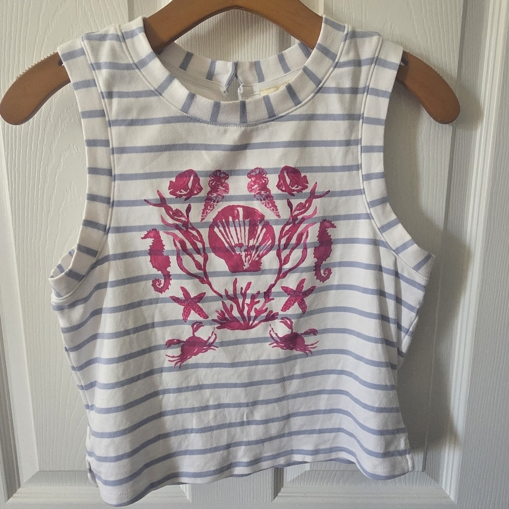 MAEVE Anthro White & Blue Striped Cropped Tank Top with Pink Beach Graphic